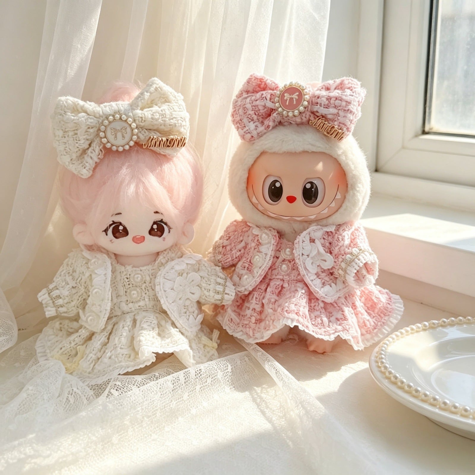 Labubu 1-3代/15cmぬいぐるみ用 パール 蝶ワンピース+ジャケット+ヘア