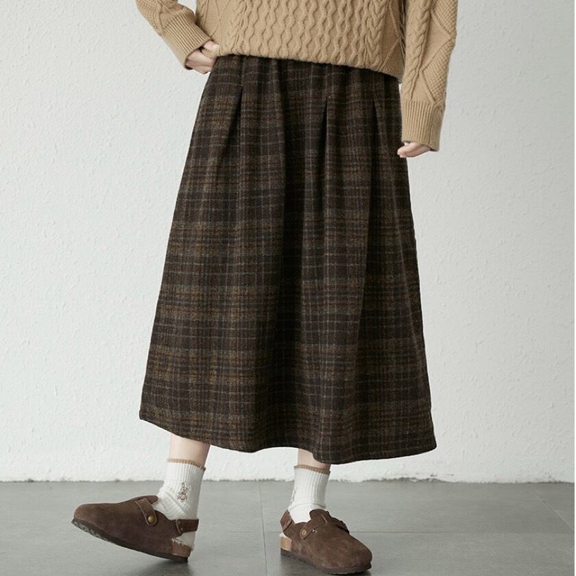 checkered A-line long skirt m0289