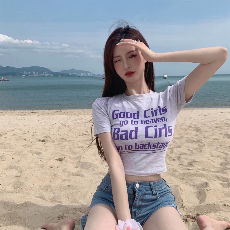 Tシャツ ショートハイウェストウェストプリントグレートップス サマースタイル 夏物 ピュア ブラックストロベリース98809550059