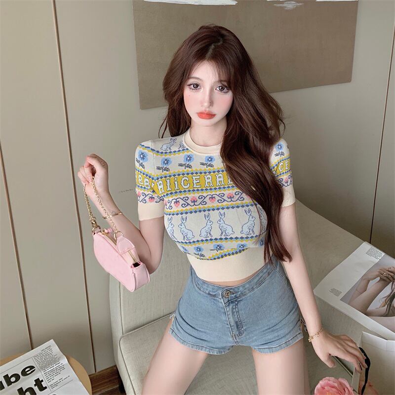 スタンダードジャカードニットセーター Tシャツ サマー薄手ショートトップス レトロ 夏物 ブラックストロベリース50939758926