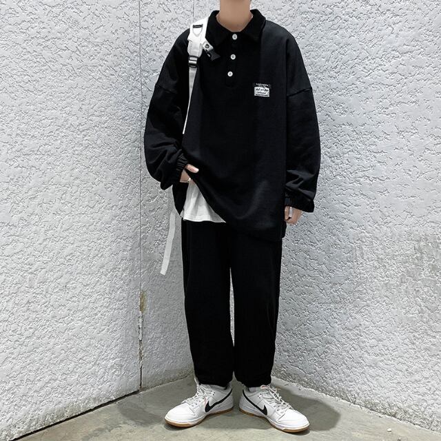 【予約販売】メンズ セットアップ 上下 長袖ポロシャツ タグデザイン ブラック グレー 男前 スエット 韓国 パンツ セット ウエストゴム カジュアル 部屋着 リラックス ルームウエア 韓国 トレンド 大きいサイズ M/L/XL/2XL/3XL/4XL/5XL
