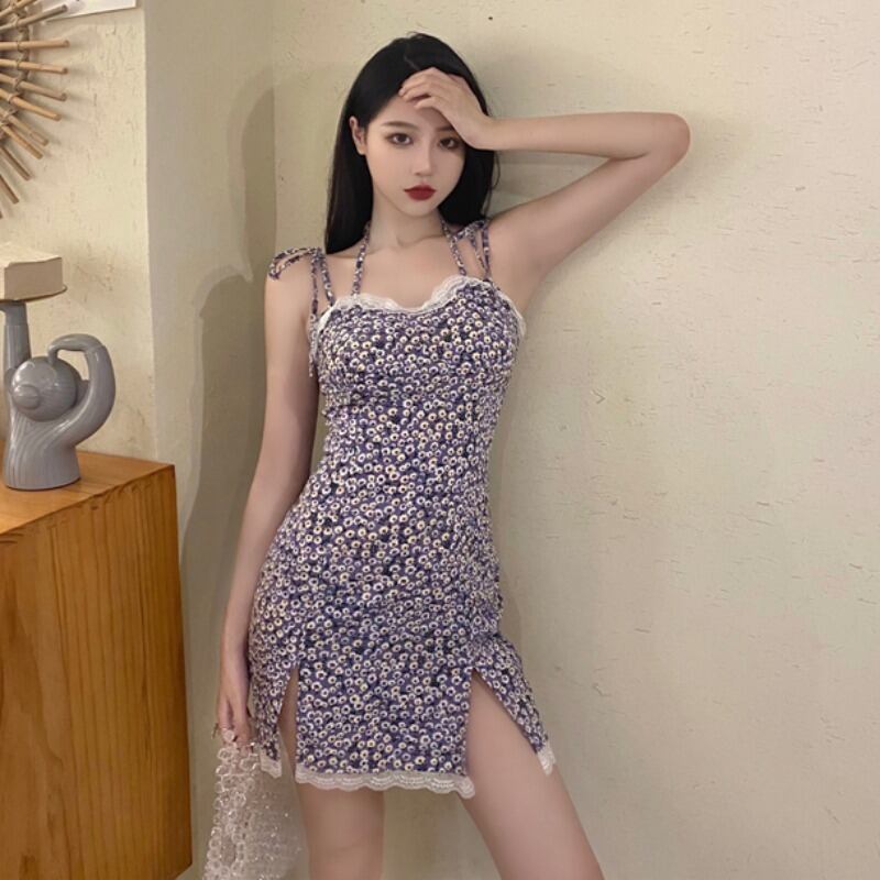 フローラルドレス サマーウェストレース薄手ショートスカート レディース 夏物 花柄 ハンチェンe77076017763