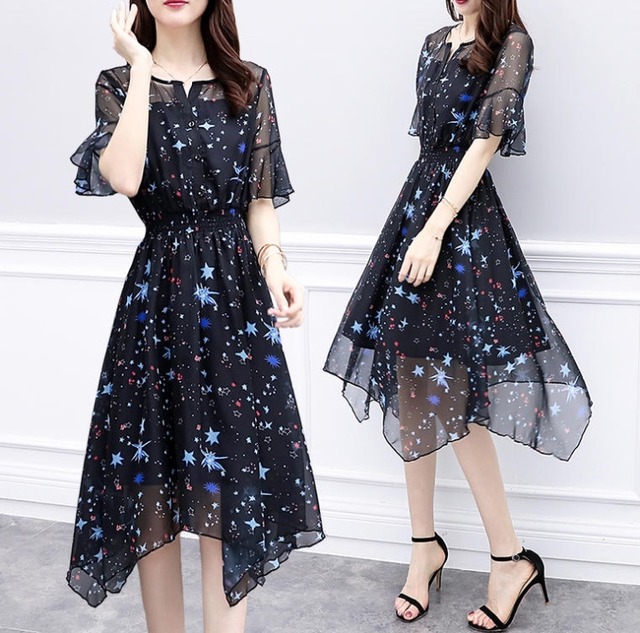【送料無料】 シフォンワンピース 宇宙柄 星柄 シフォン ランダム裾 半袖 フェミニン 透け素材 ミモレ丈 ウエストゴム ハイウエスト OP-056NM