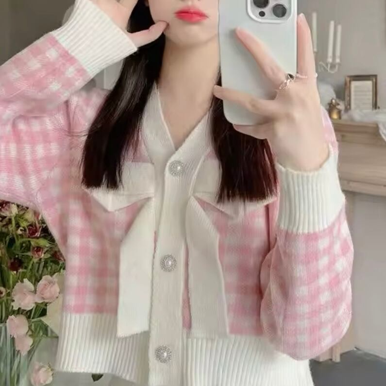 ブロックチェックリボンカーディガン