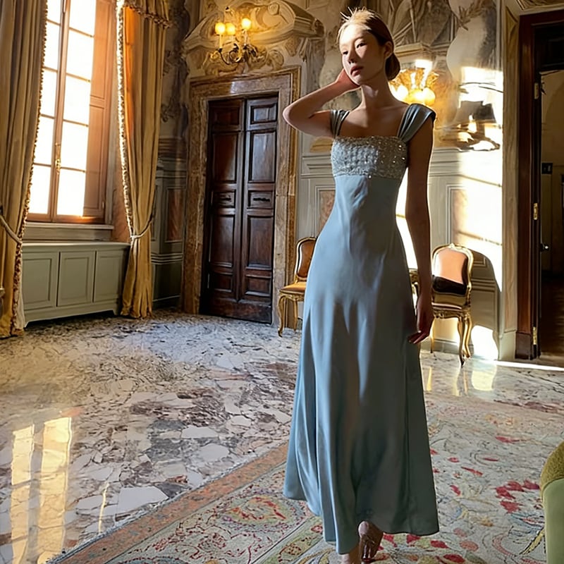 【dress】ラインストーン付きロングキャミワンピース Q8391