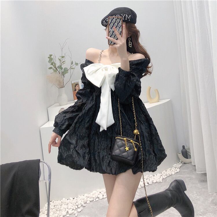 洗練されたシルエットsweet系 蝶結び ダイヤモンドスリングオフショルダー 長袖 スリムワンビース