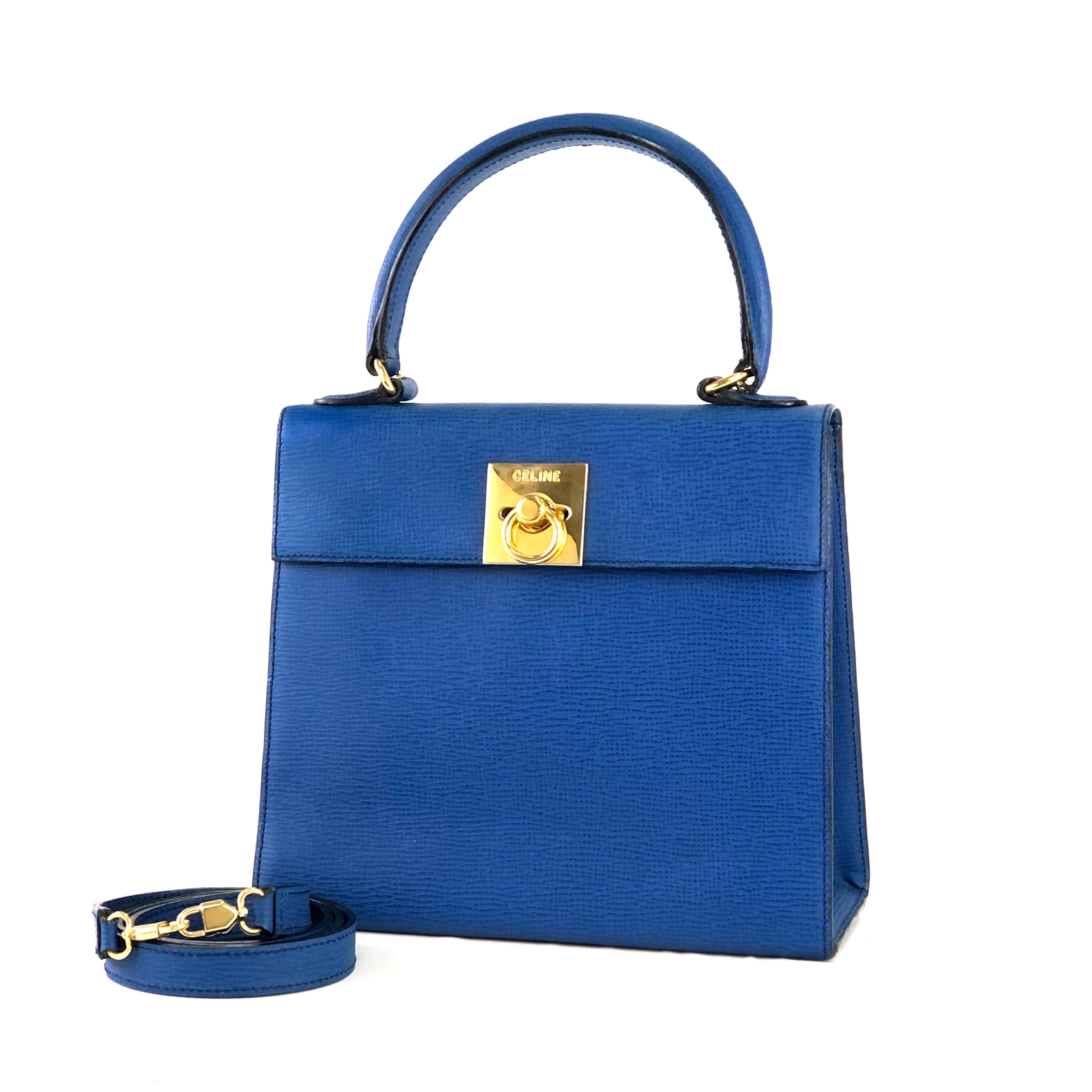 CELINE ハンドバッグ 2way ガンチーニ金具 ショルダーバッグ ブルー CELINE セリーヌ マンテル ガンチーニ ケリー レザー 2WAY ショルダー