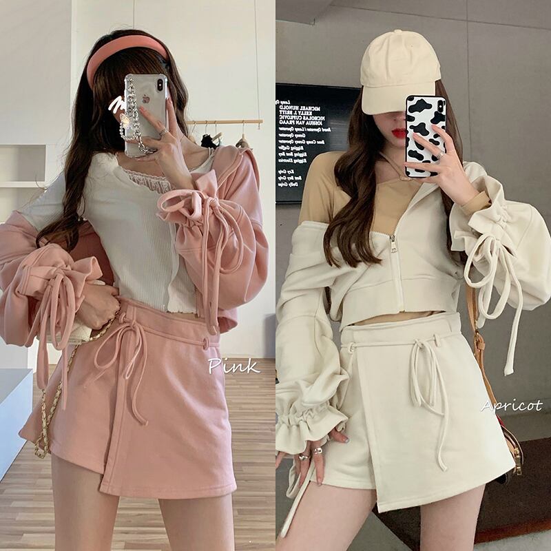 スポーツスーツ女性2020年秋新作ボウフード付きジャケット+ハイウエストAラインスカートツーピーススーツ クレセントシティ63689076303