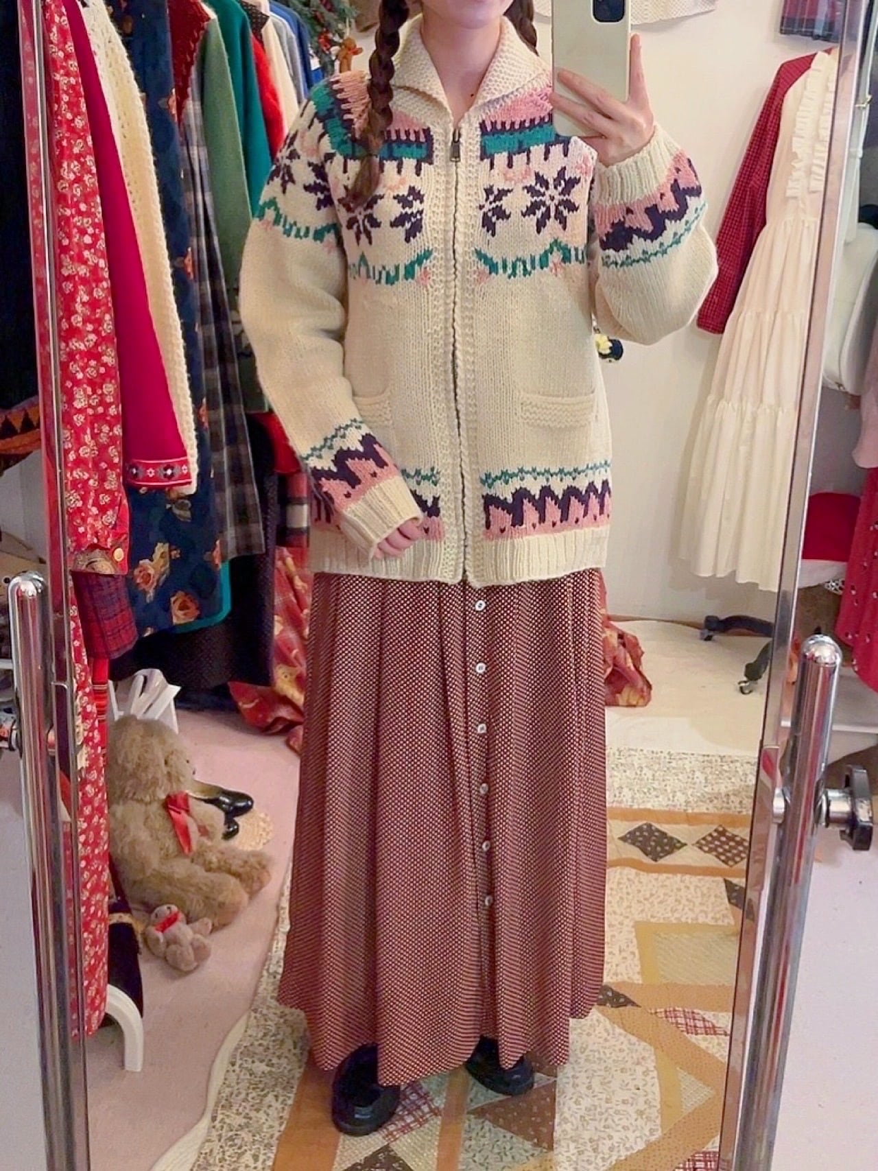 pink purple snowflake zip knit sweater