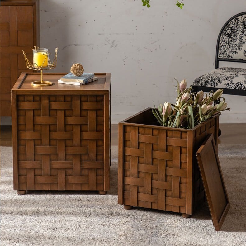 サイドテーブル ナチュラル 木製 スクエア 編み込み デザイン 収納 付き おしゃれ かわいい 多用途 インテリア コーヒー テーブル SNS映え フォトジェニック