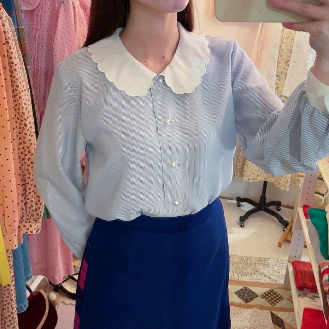 scallop collar pearl button blouse