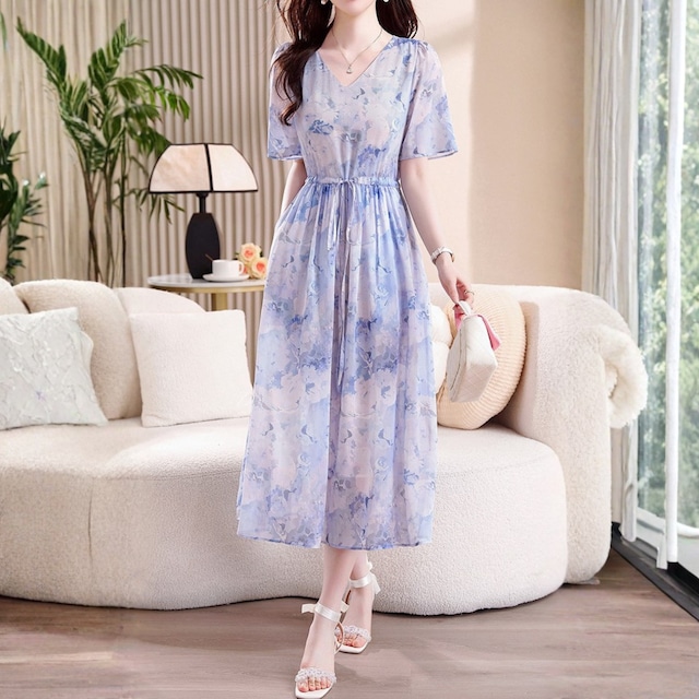 V neck elegant waist ribbon chiffon floral dress