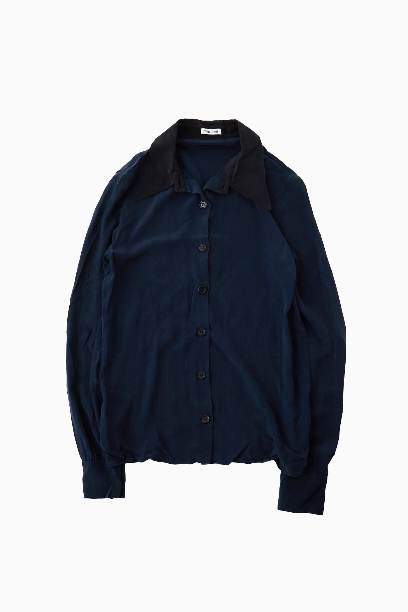 miumiu デニム シャツ　レディース　38サイズ　ネイビー Ladies】 miumiu NAVY SILK SHIRT | Reben｜デザインという文脈が