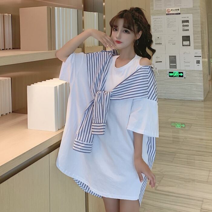 Tシャツ サマールーズカジュアルトップス 大きめサイズ 夏物 オフショルダー ステッチ ケッペル29503494732