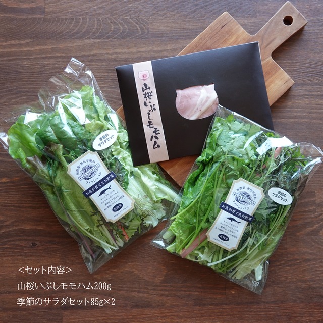 【FISH VEGGIES】山桜いぶしももハム200gと季節のサラダセット80g×2袋　越後ブランドポーク使用　化学肥料/農薬不使用だから安心して食べられる