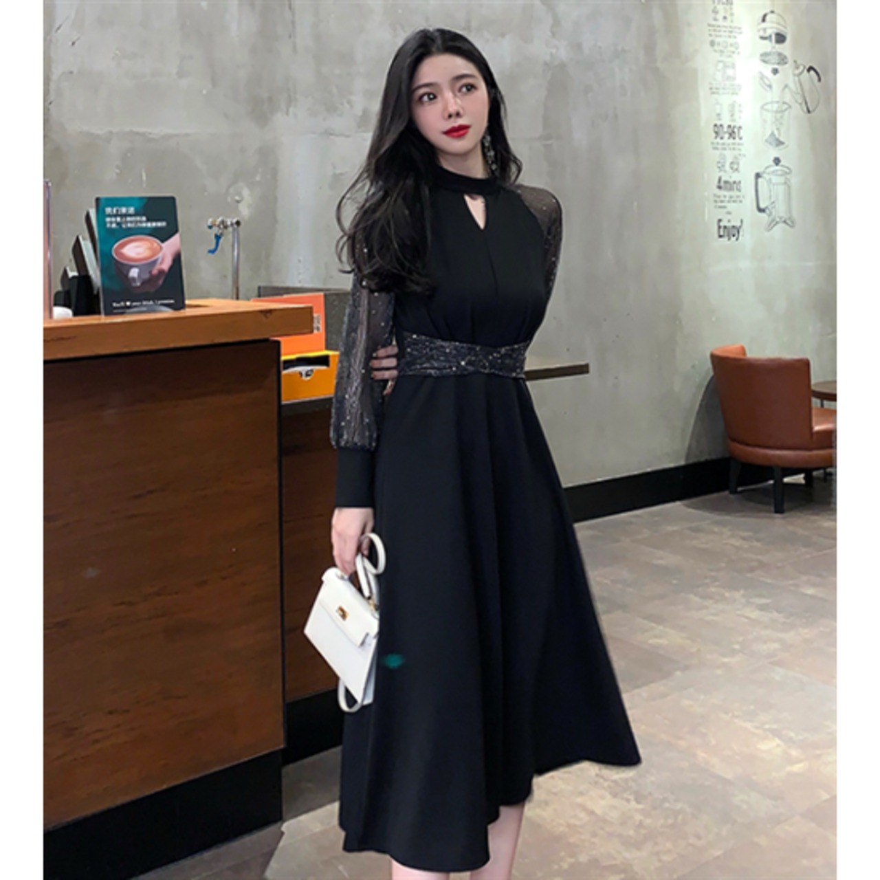 ワンピース ドレス Vネック ハイウエスト ボタン フレンチ 結婚式ドレス ワンピース Aラインスカート ロング丈 ハイ