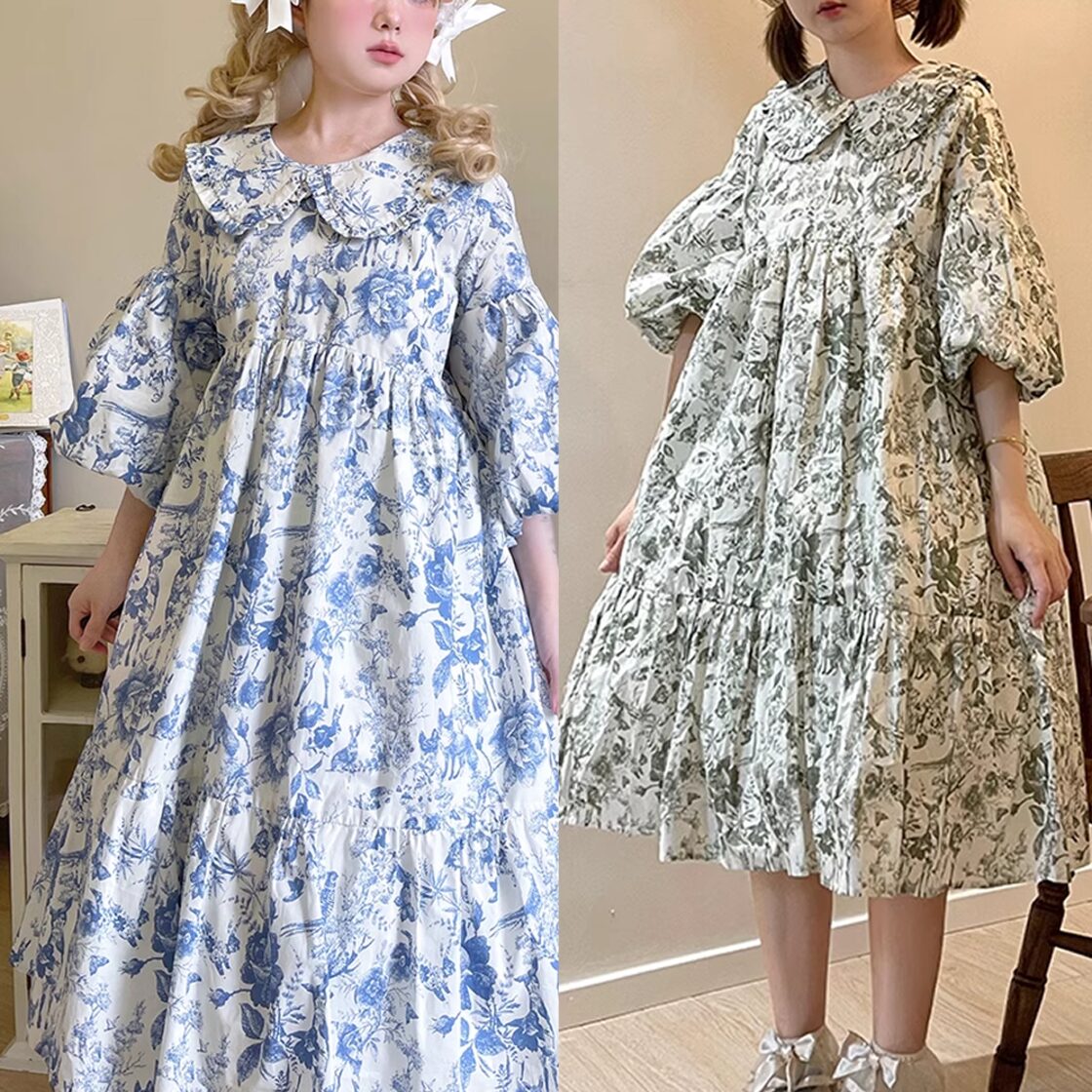レディース 半端袖 花柄 ロリータ ワンピース レトロ ブルー グリーン 
