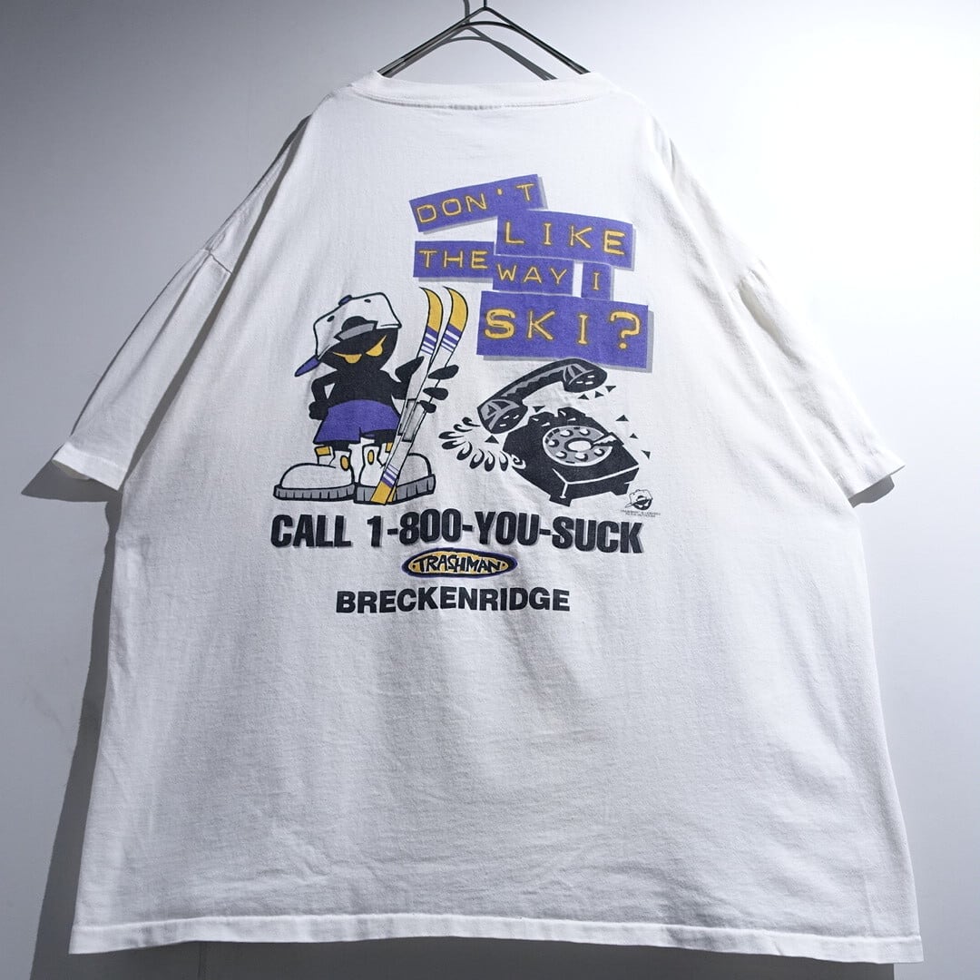 "TRASHMAN" White Skiing Character Print Design T-Shirt