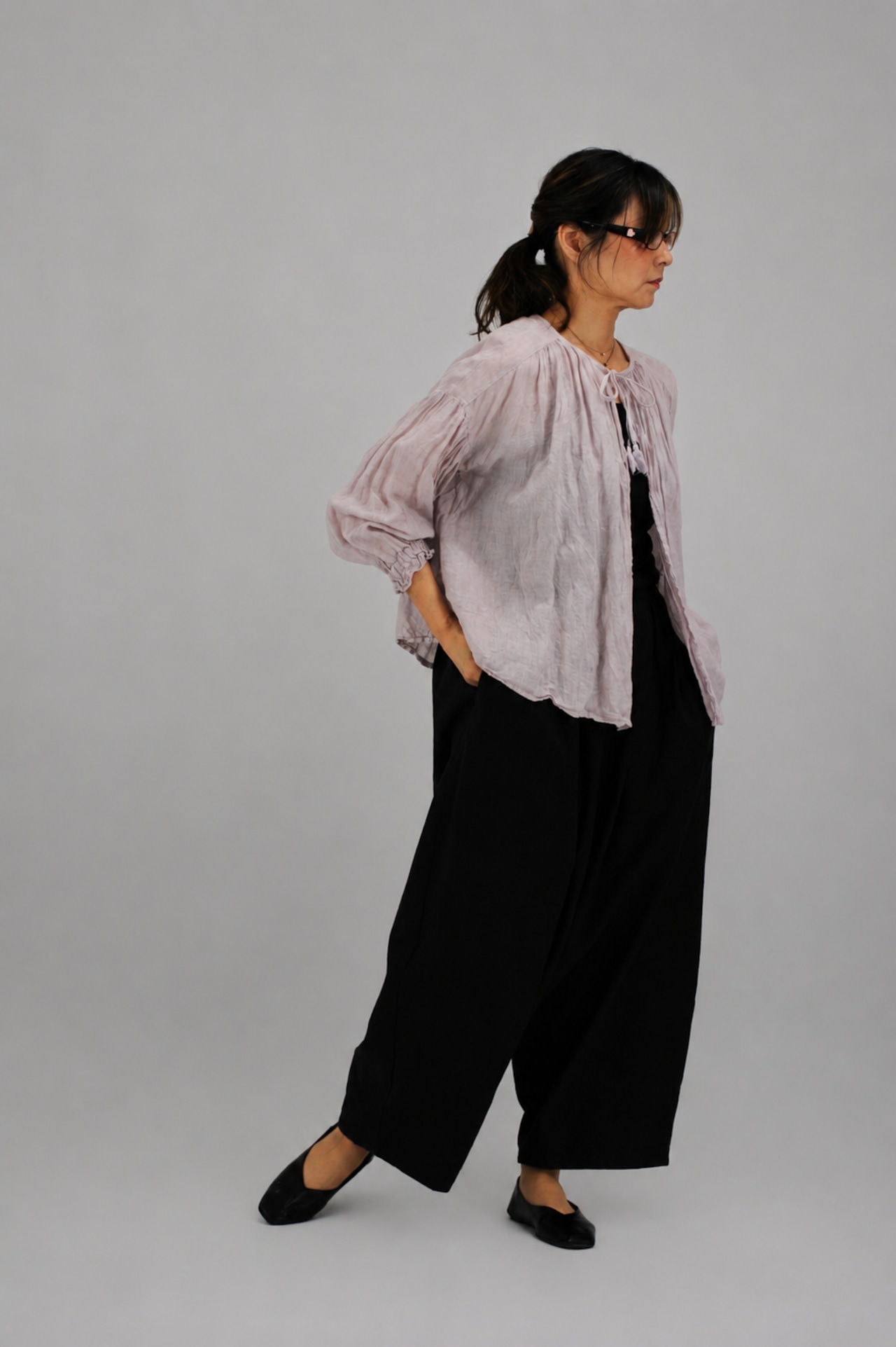【Gauze#】TASSEL STRING 2WAY GATHER BLOUSE デッドストック オーガニックベルギーリネン 2wayブラウス