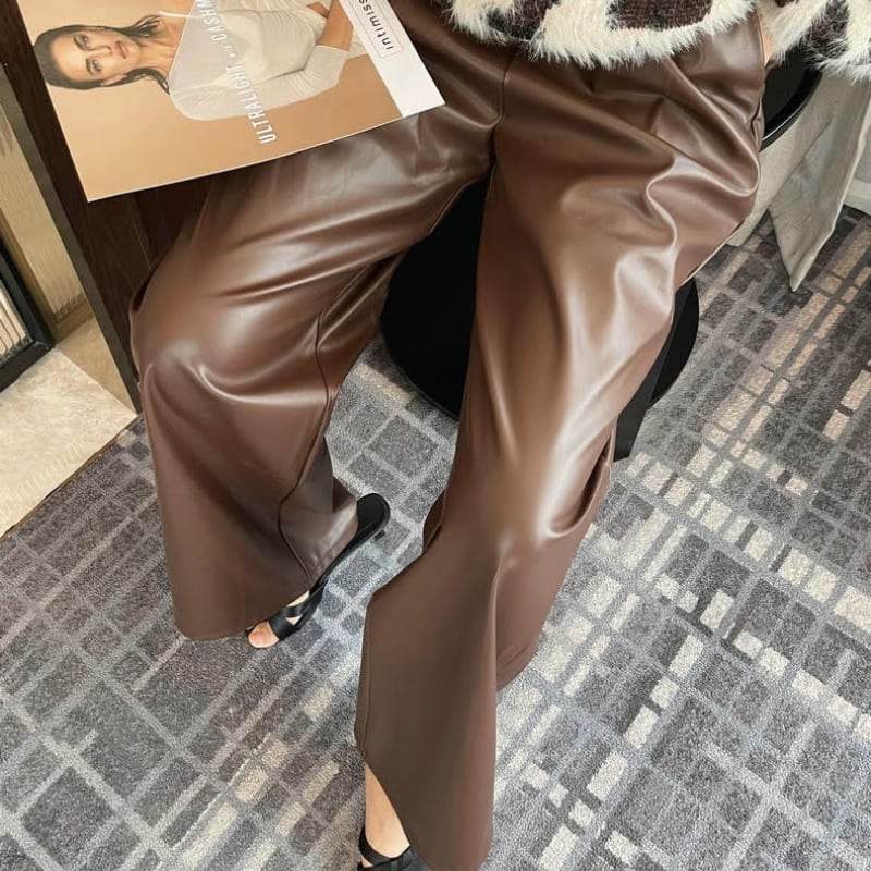 ウエストギャザーワイドレッグレザーパンツ R01237