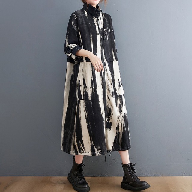 Ink Pattern Drawstring Dress / インク パターン ドローストリング ワンピース
