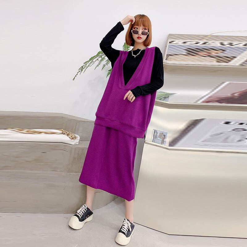 2020年秋新作大きいサイズチョッキファットミリTシャツスカート秋薄め薄手スリーピーススーツ洋風 ミックスインファッション54387549368