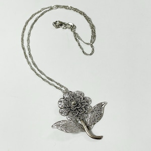 1930's〜40's Vintage 800〜835 Silver Flower Filigree Pendant Necklace Remade From Antique Brooch