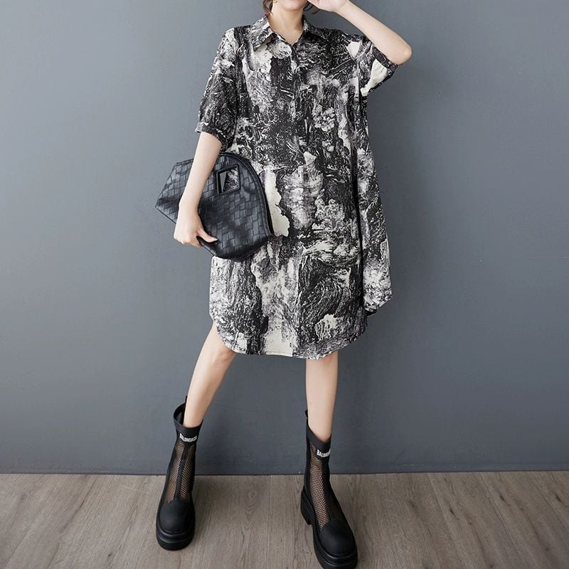 MONOTONE PRINT HALF SLEEVES MIDI SHIRT DRESS 1color M-13490