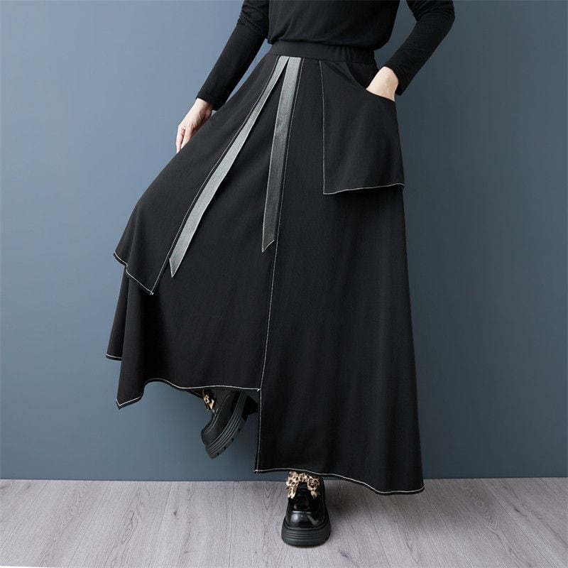 CONTRAST STITCH ELASTIC WAIST A-LINE SKIRT M M-18406