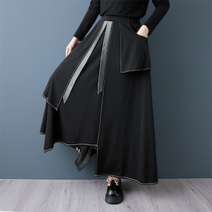 CONTRAST STITCH ELASTIC WAIST A-LINE SKIRT M M-18406