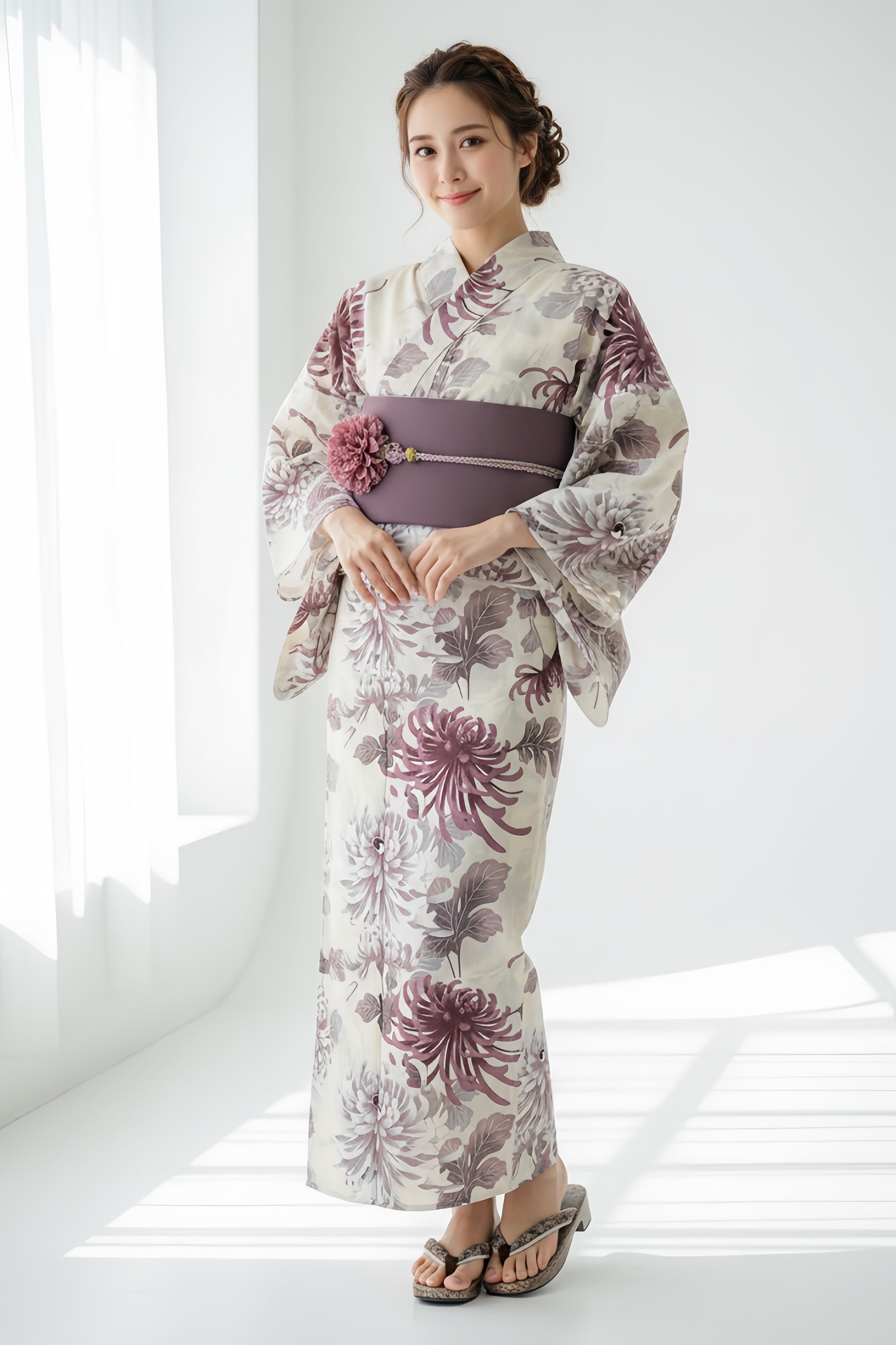 浴衣ジェンヌ 浴衣5点セット アイボリーに乱菊 くすみカラー 綿 ゆかた 半幅帯 浴衣