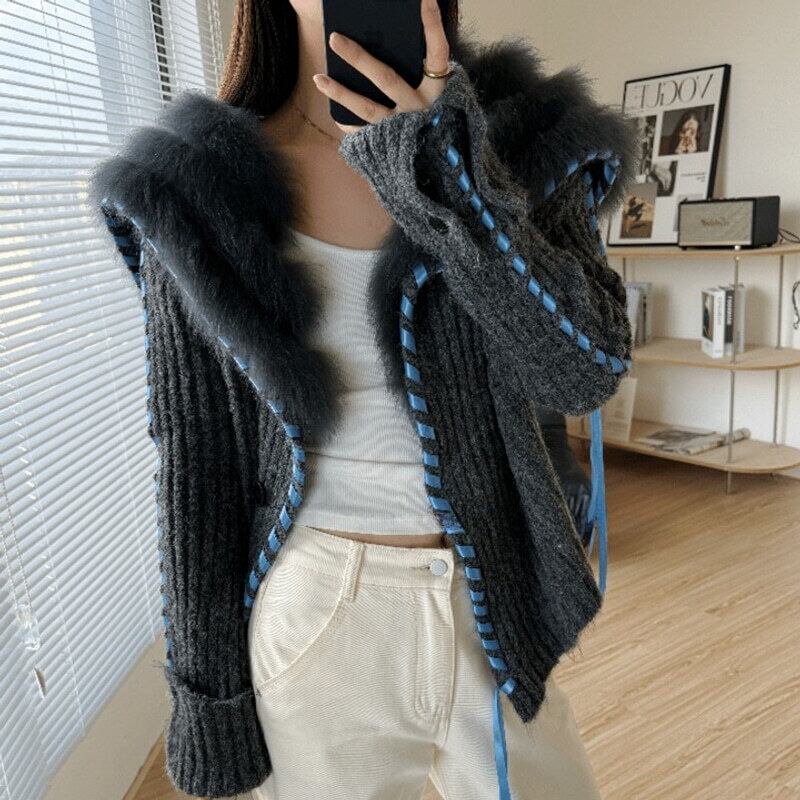 全4色/Fur collar ribbon cardigan B1409 | Mbeaute
