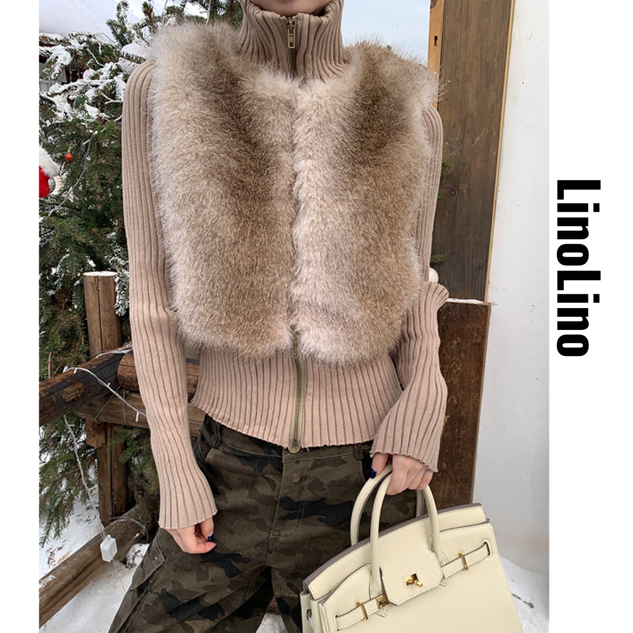 Faux Fur Panel Knit Top L00732