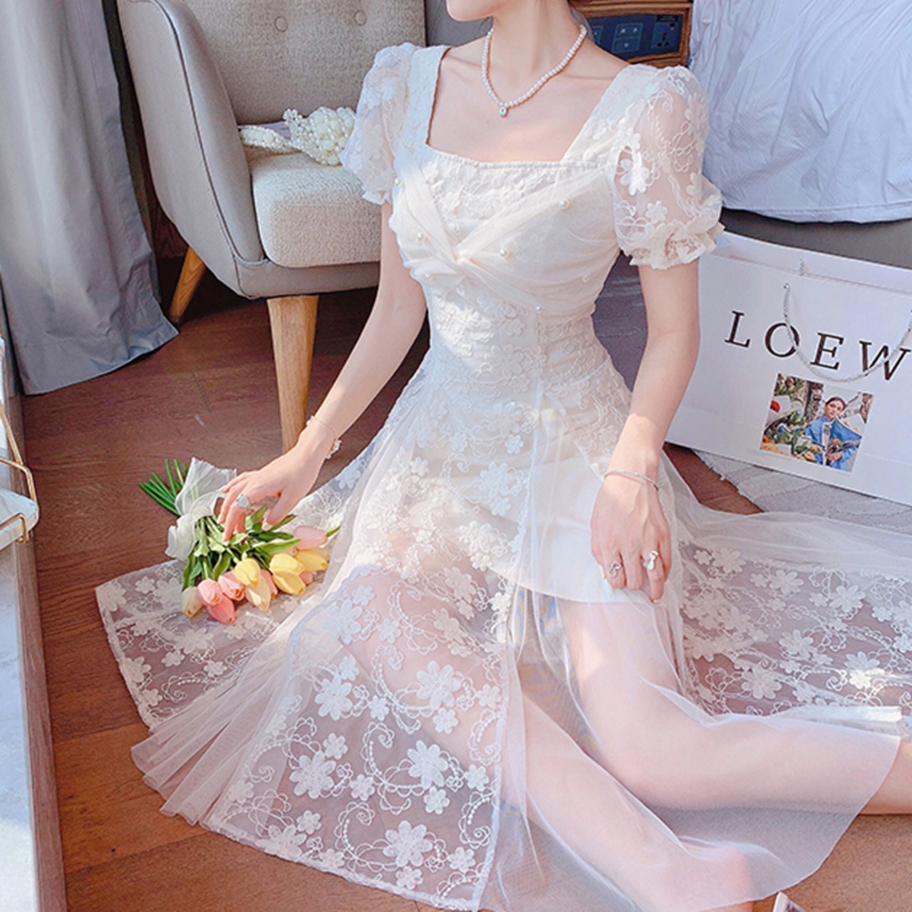 送料無料 2022 半袖フレンチロングドレス女性の夏の甘い花刺繍メッシュ 