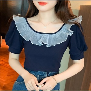 【送料無料】 半袖Tシャツ 2色 フリル ラウンドネック 無地 カジュアル系 シンプルデザイン フェミニン きれいめ 大人可愛い 30代 40代 レディースファッション 可愛い お出かけ 女子会 デイリーユース お茶会 お呼ばれ