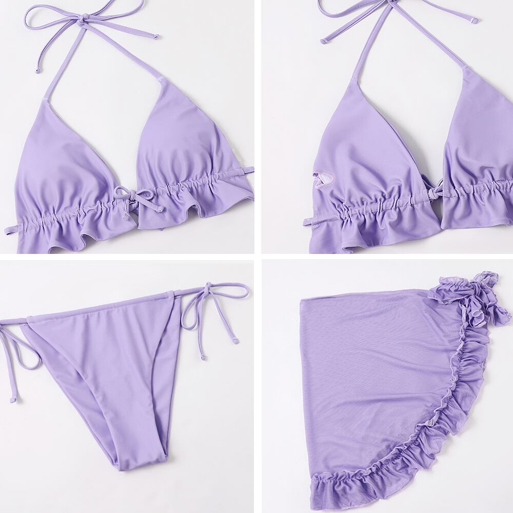 全2色 水着 3点セット フリル ビキニ上下+パレオ イエロー 黄色