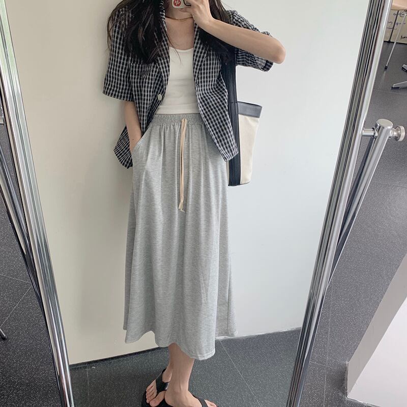 ストレッチウェストスカート サマーカジュアルルーズポケットハイウェストAライン レース エラスティック 伸縮 夏物 レースアップ ビッグFスモールZ韓国93941030103