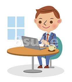 イラスト素材：喫茶店でノートパソコンを使うビジネスマン（ベクター・JPG）