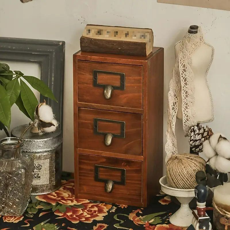 木製　小物収納 3段引き出し ブラウン　アンティーク　ヴィンテージ家具　小物入れ 小物収納ボックス 木製 3段引き出しアンティーク 引き出し