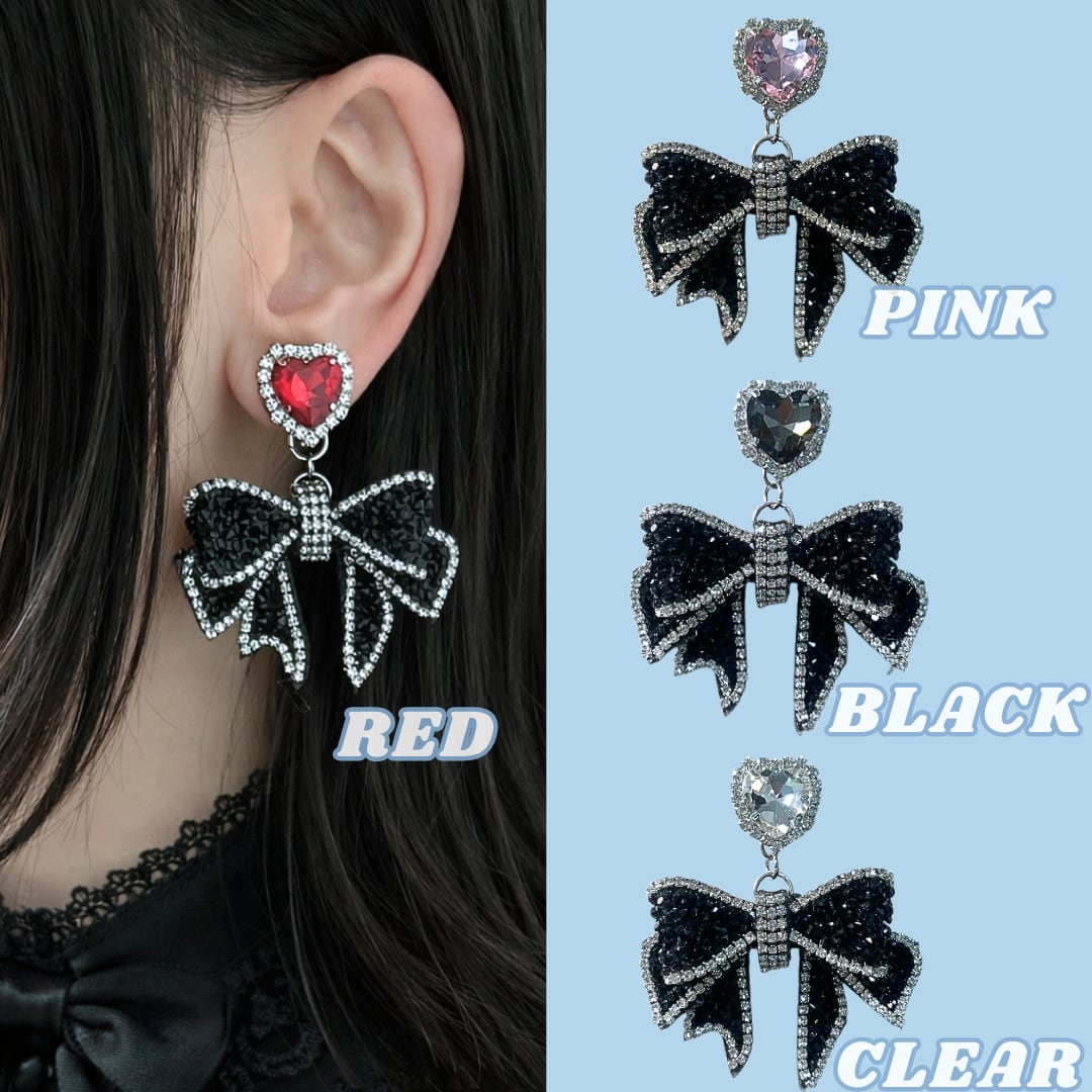 甘辛黒リボンとハートビジューピアス イヤリング｜黒リボン