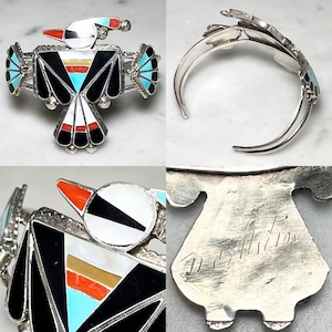 zuni silver stone inlay bangle " thunderbird "