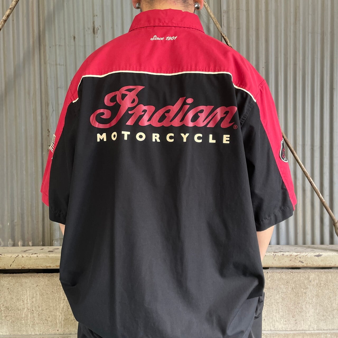 Indian MOTORCYCLE 企業ロゴ刺繍 バックプリント 半袖ワークシャツ