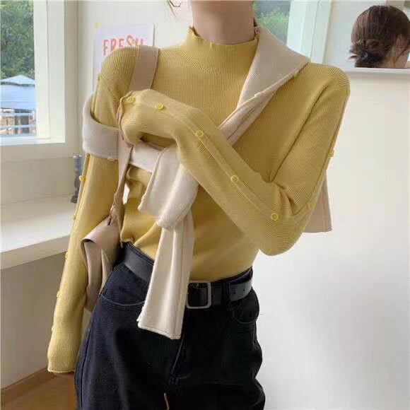 袖ボタンタートルニット