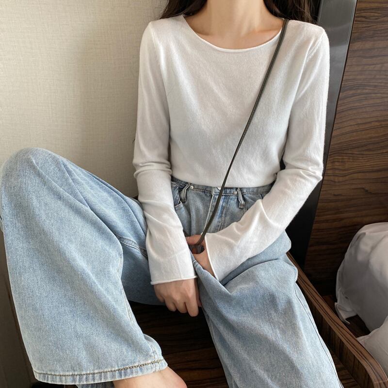 ラウンドネックシャツ スプリングホワイトTシャツ 薄手スタイルジャケット ロング 春物 Oネック 試着室10741519498