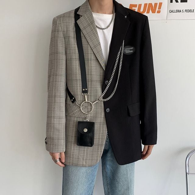 【予約販売】テーラードジャケット バイカラー ジャケット メンズ チェック柄 ブラック カジュアル パーティー 結婚式 二次会 パーティー エレガント 韓国トレンド 大きいサイズ 春 秋 冬 M/L/XL