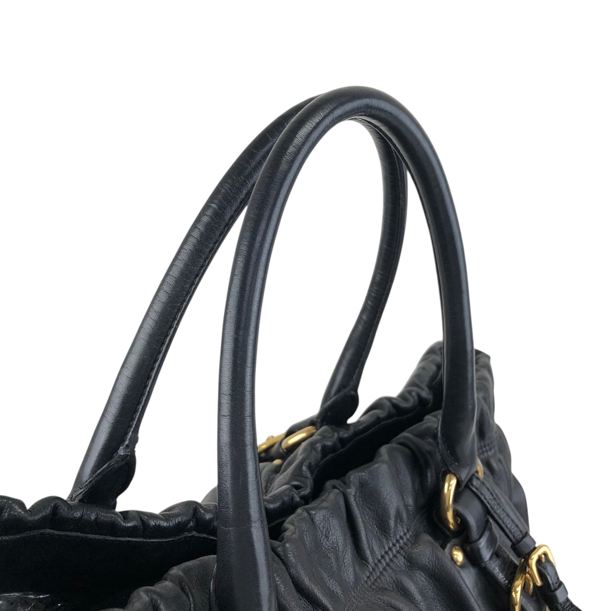 PRADA プラダ ハンドバッグ ブラック ロゴ レザー ギャザー 2way