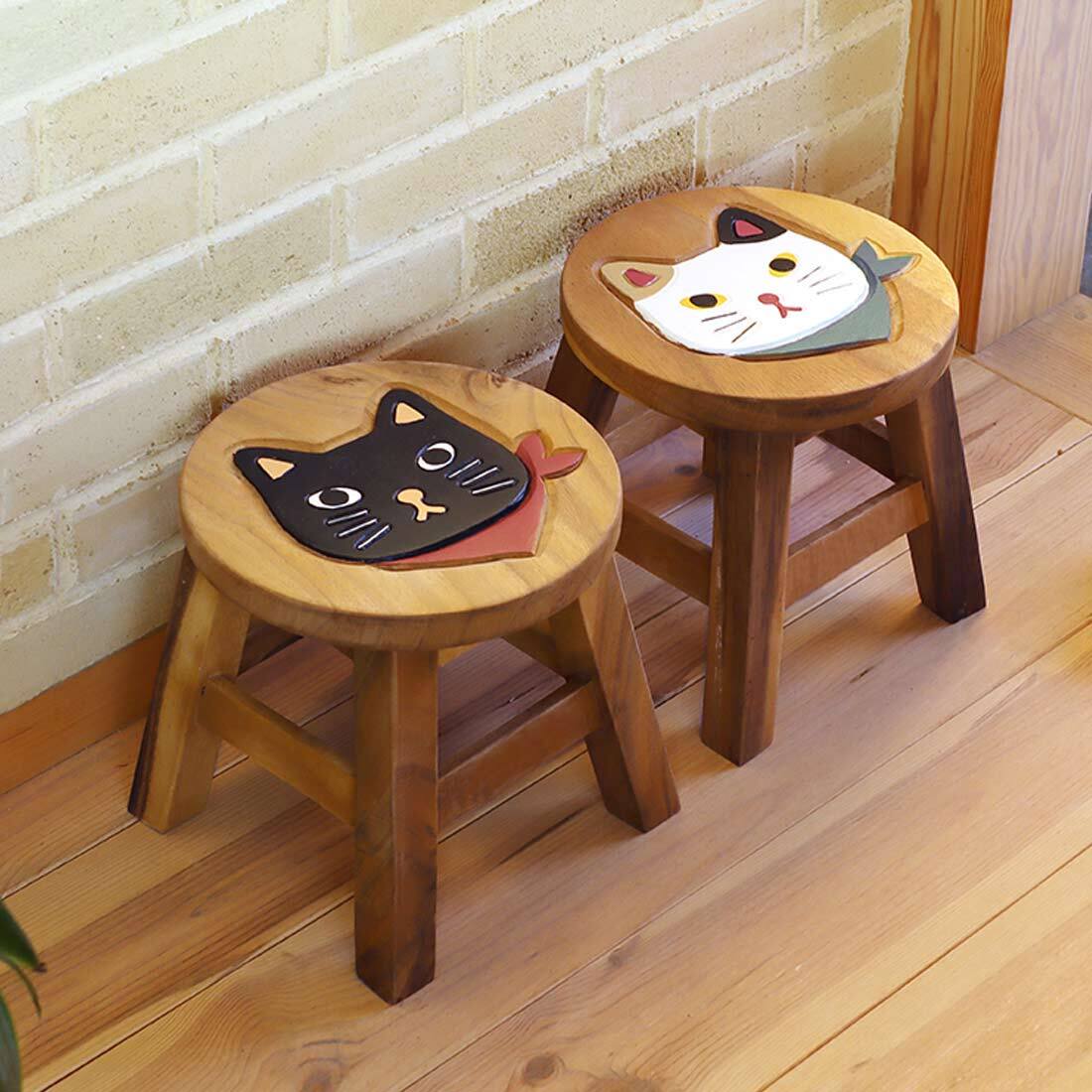 木製チェア　スツール　猫 猫雑貨 スツール 木製 三毛 おしゃれ 丸 ウッド コンパクト
