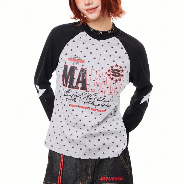 マルチスタープリントレタリングラグランTシャツ 2col   R02564