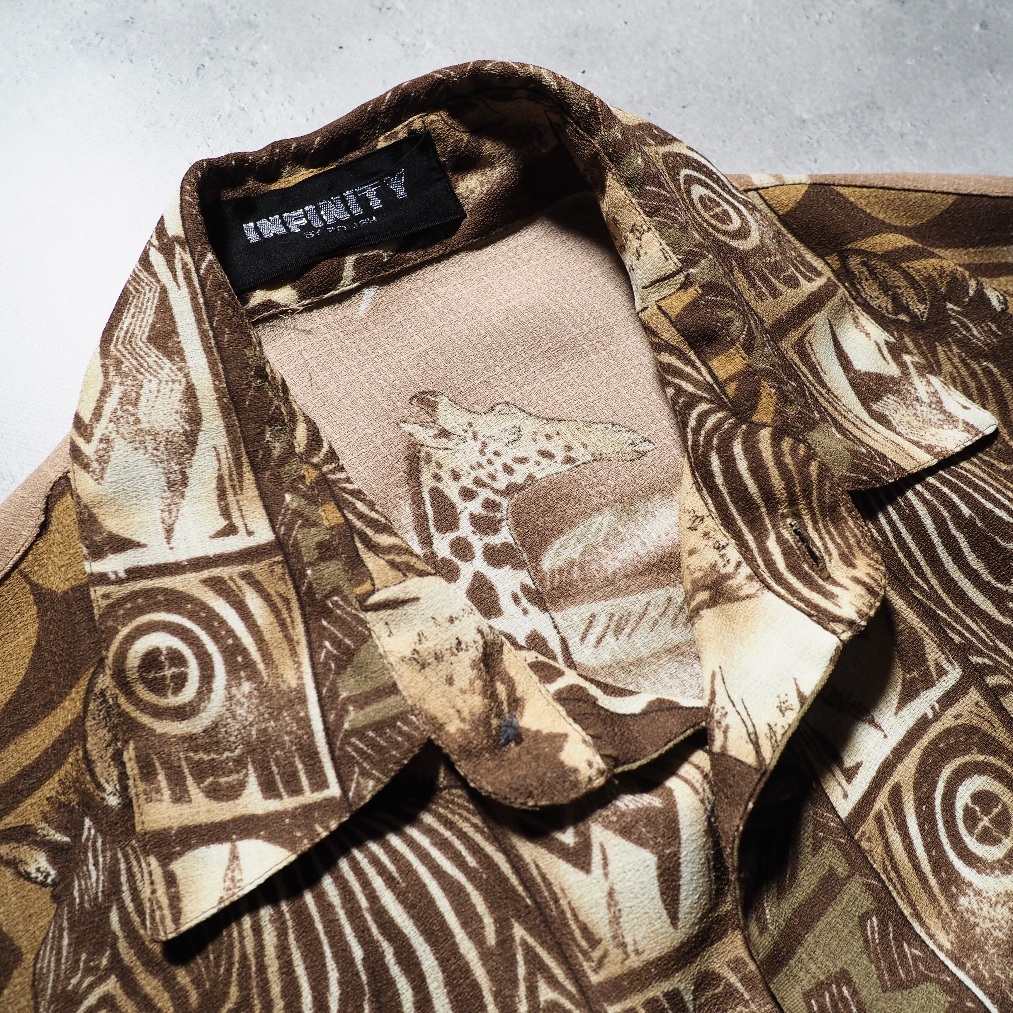 1990s African Sepia animal full pattern Design vintage Drape loose shirt