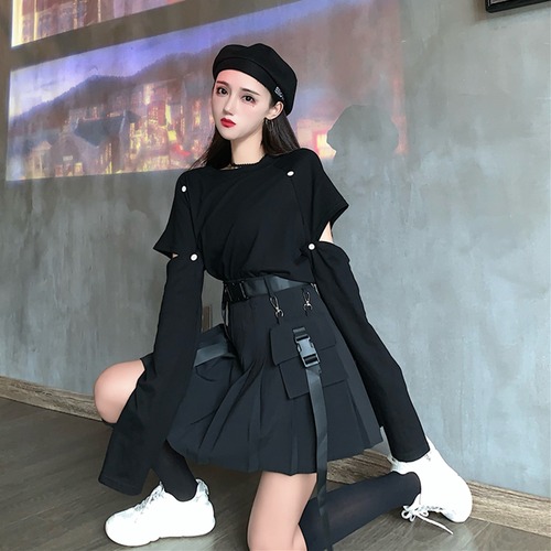 ✞ スタンダードTシャツ ベルト Aラインプリーツスカート ♡ ロング レトロ ハーネス ✞ゴスロリ SM ミリ 甘ロリ クラロリ 和ロリ エレガント 黒ロリ 姫ロリ 華ロリ BB-BB27360221492